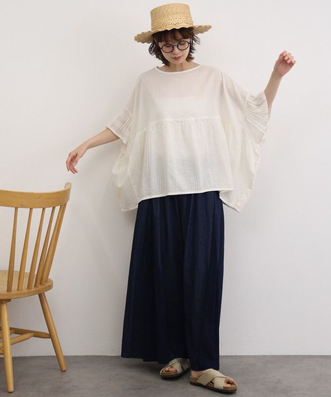 日本 Lupilien - 印度棉 緹花拼接感喇叭短袖上衣-黑