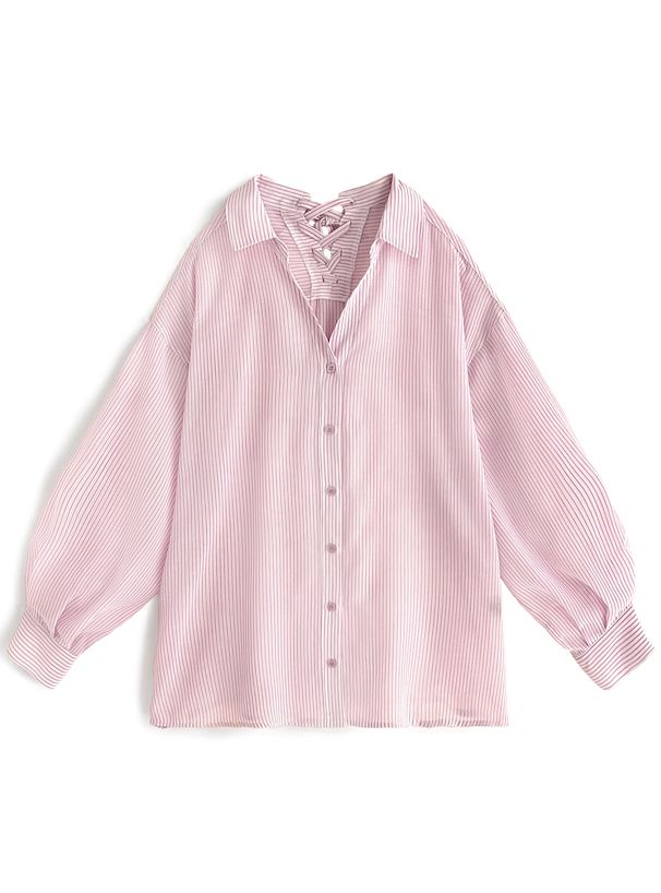 日本 GRL - 可愛後綁帶翻領長袖襯衫-簡約黑 (F)