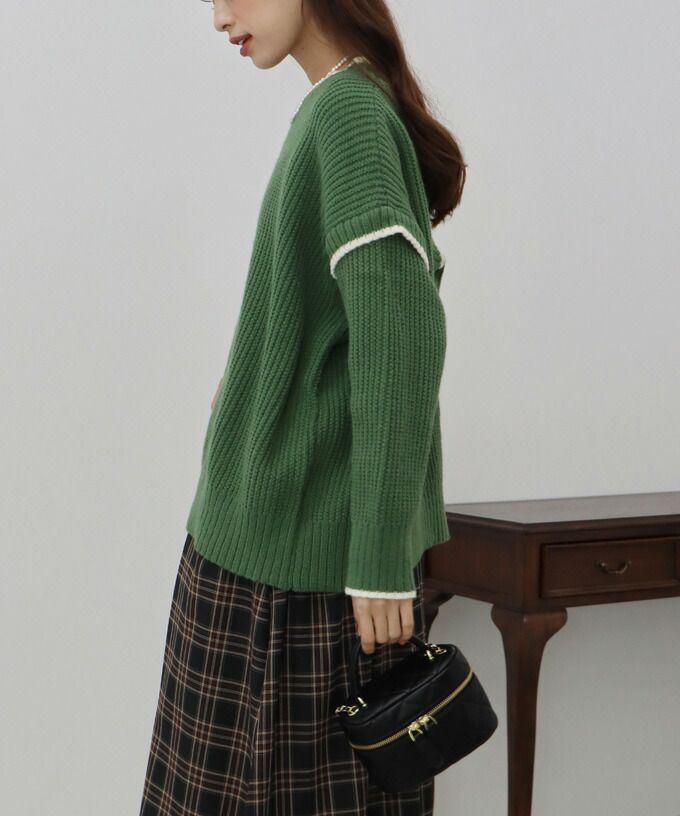 日本 BLUE EAST - 撞色滾邊落肩針織毛衣-米白