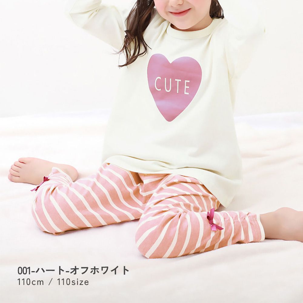 100%棉 高腰長袖家居服套裝(女孩款)-愛心條紋-白x粉紅