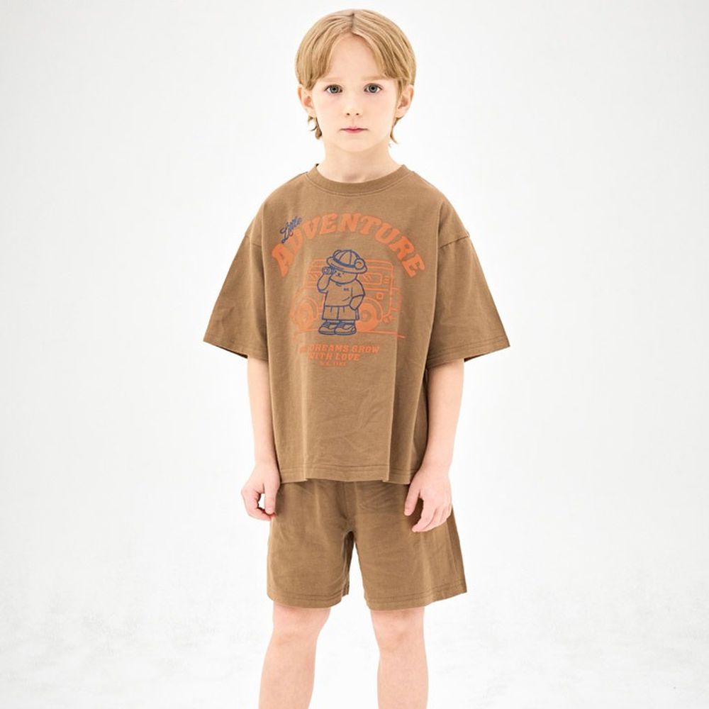 越野車熊熊圖案純棉短袖套裝-咖啡
