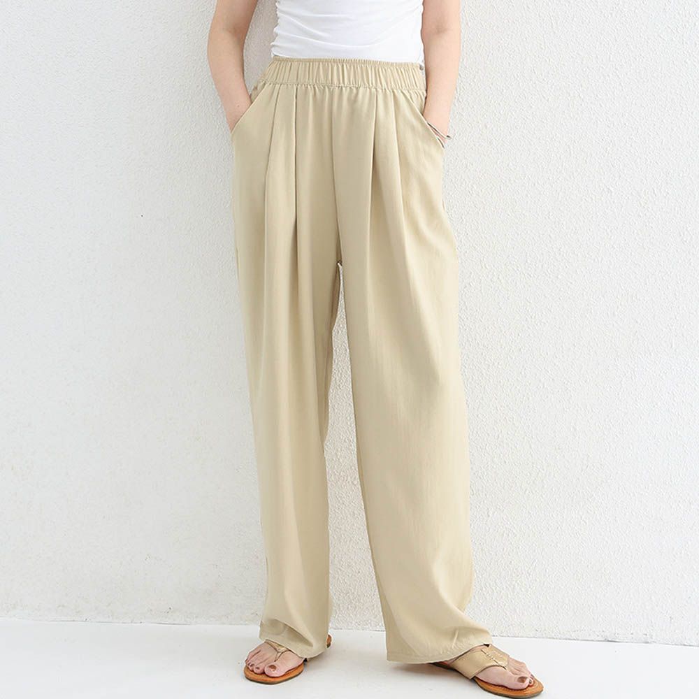 高腰修身微寬鬆落地長褲-杏色