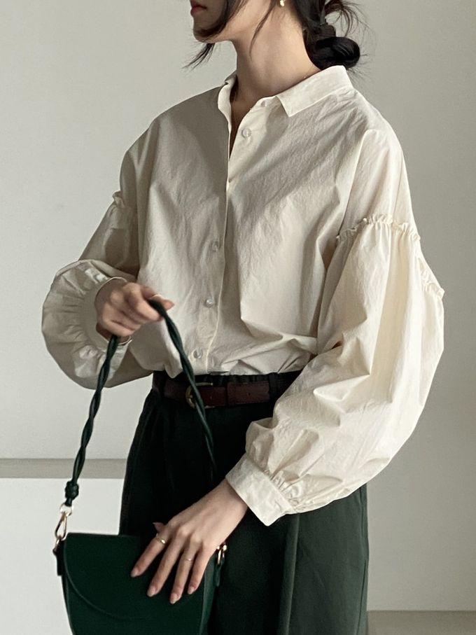 韓國女裝連線 - 極簡拼接翻領長袖襯衫-米杏 (FREE)