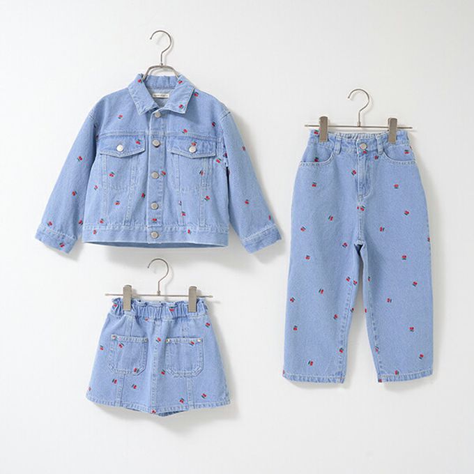 日本 Lycee mine - 甜美刺繡純棉丹寧風褲裙-櫻桃-淺藍