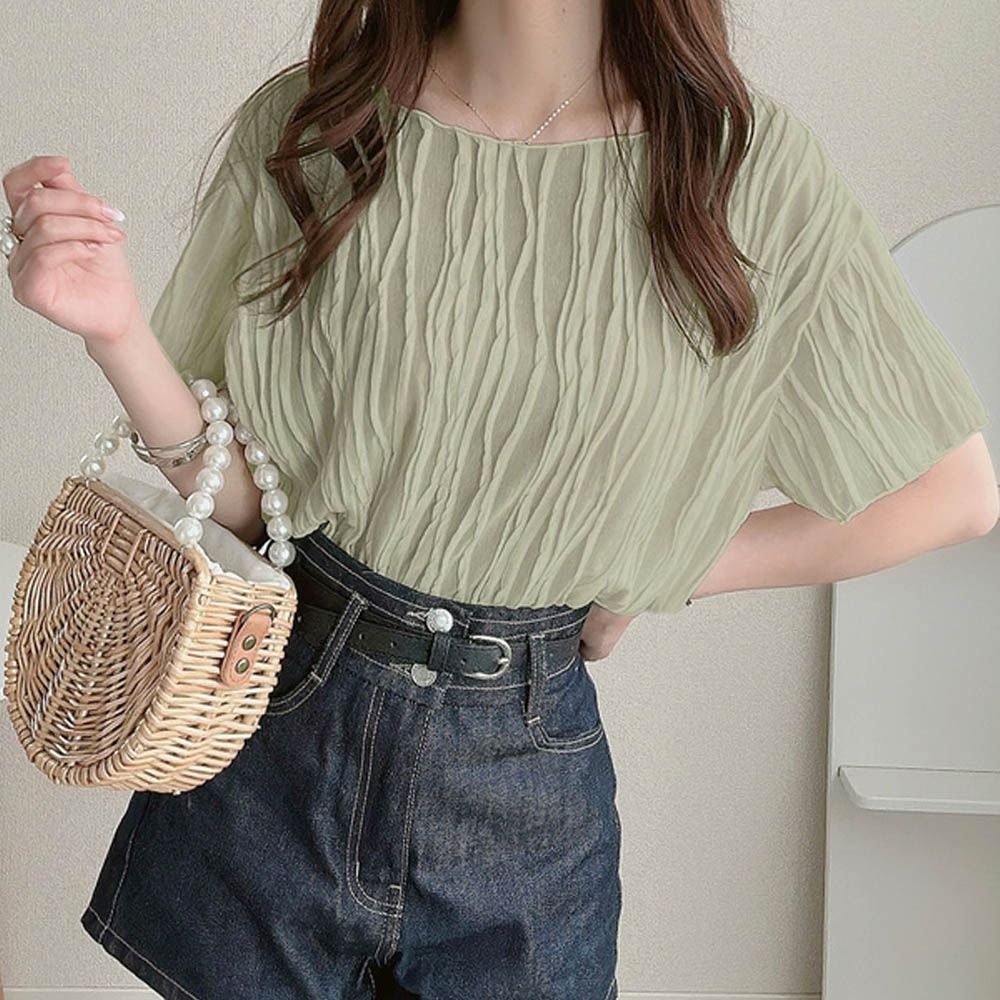 波浪紋理微透膚五分袖上衣-草綠 (F)