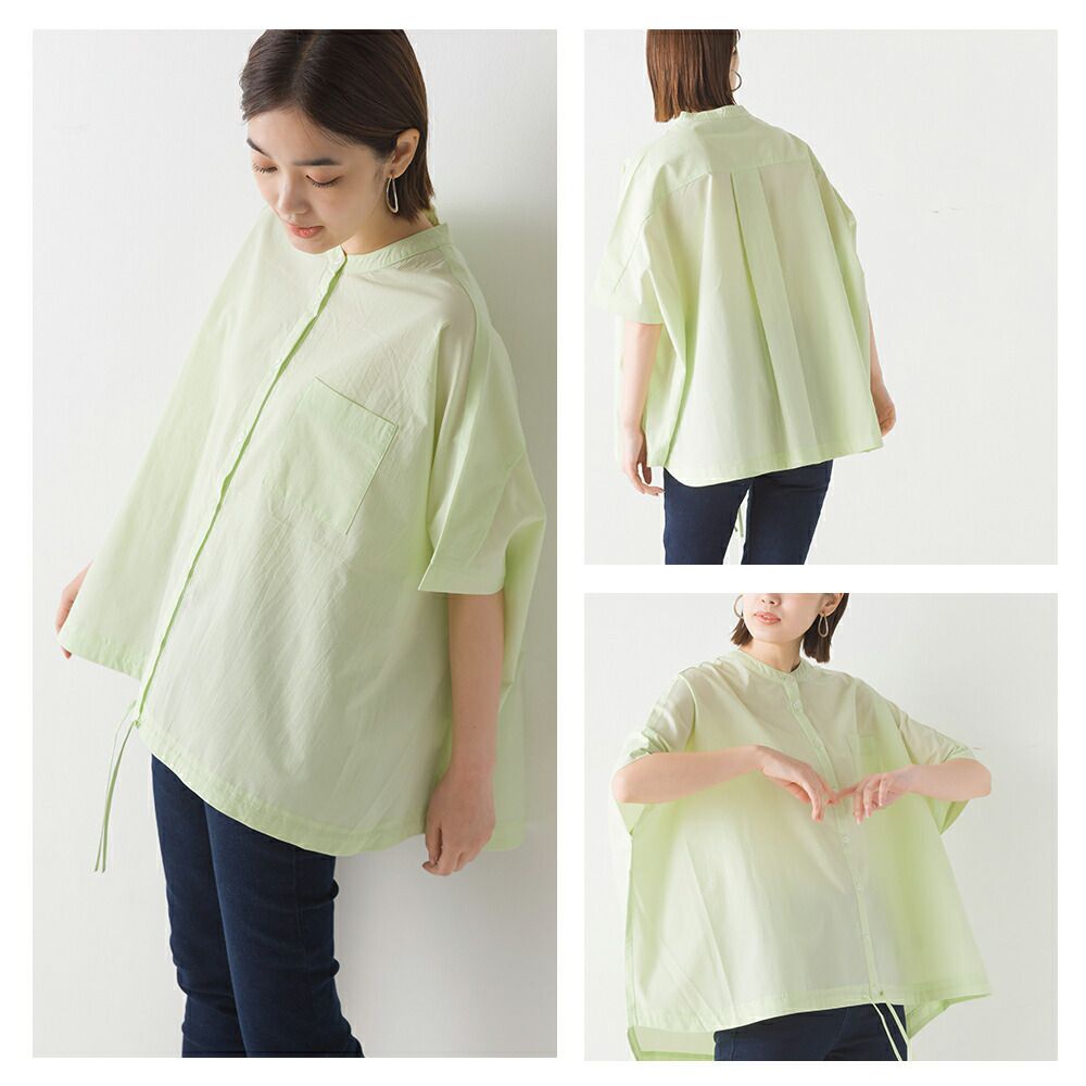 日本 OMNES - 下擺抽繩落肩短袖襯衫-簡約白