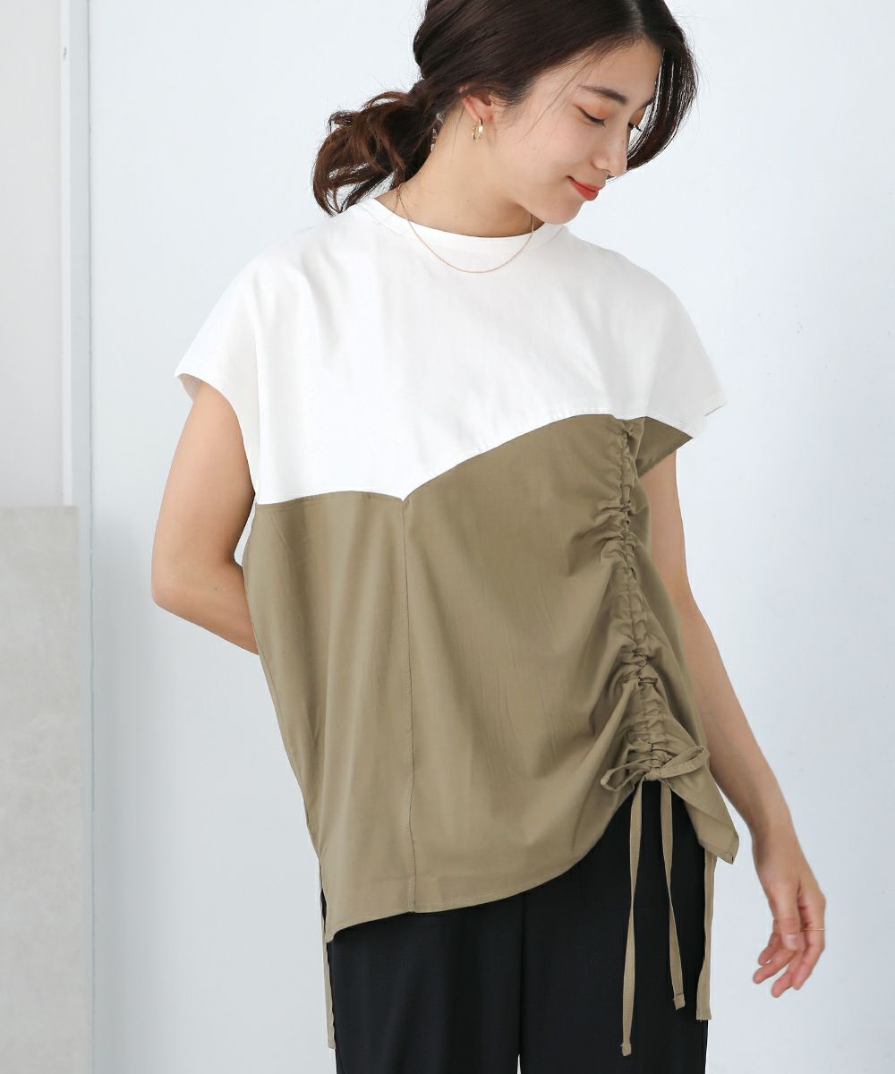 日本 Bab - 撞色拼接抽繩法式袖上衣-白