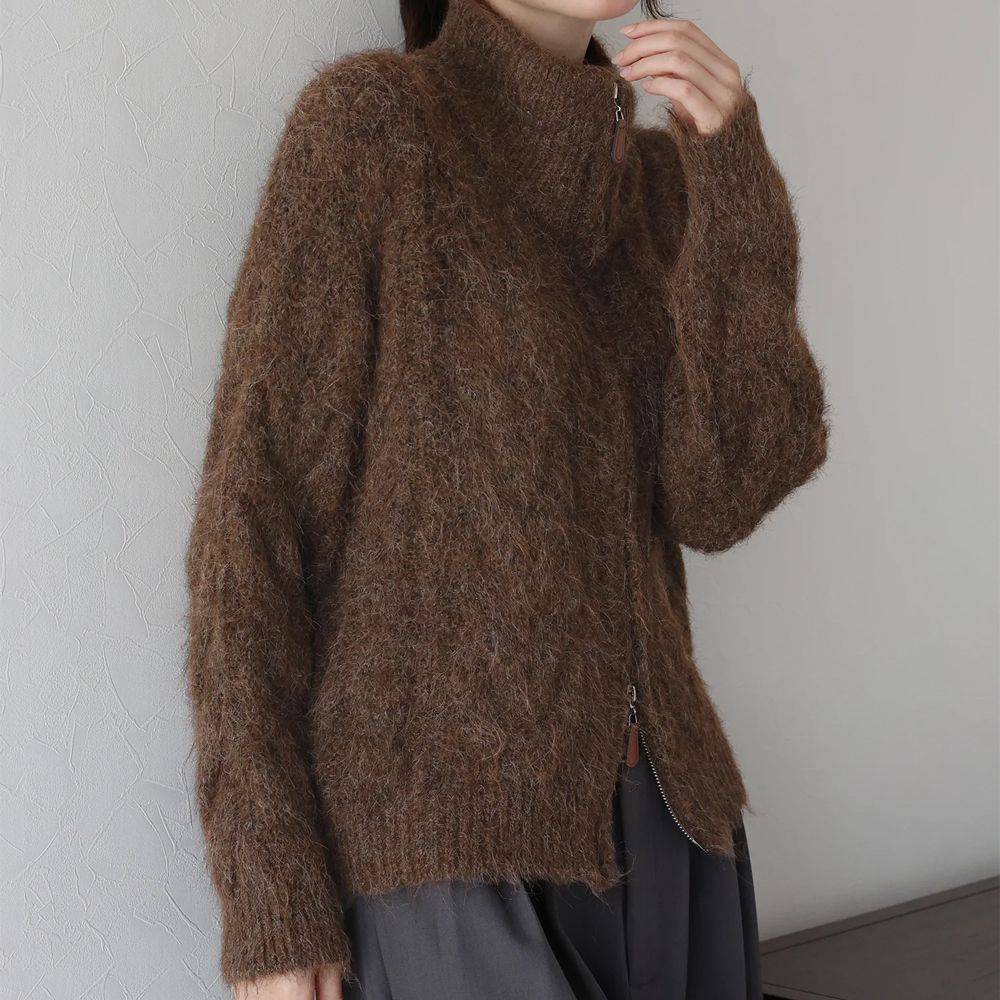 混羊毛麻花紋路立領雙拉鏈針織外套-咖啡