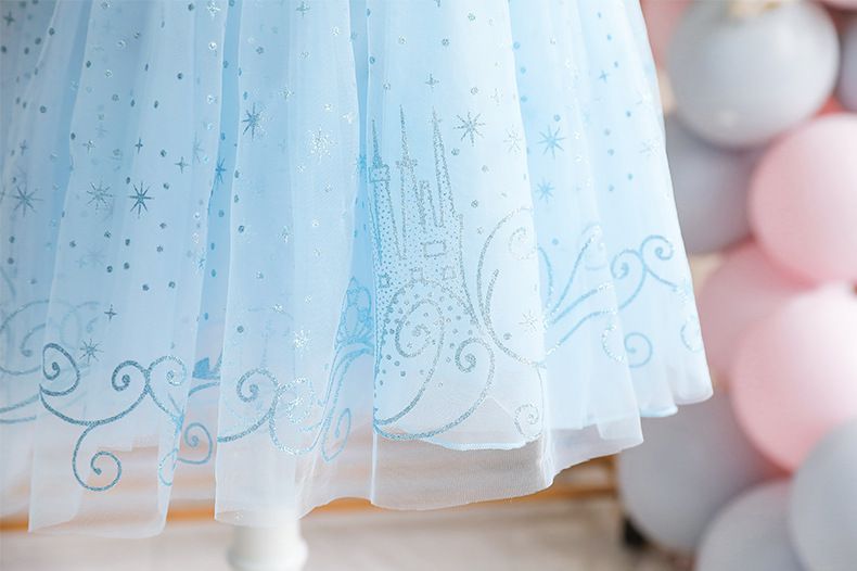 灰姑娘公主袖網紗洋裝-溫柔藍