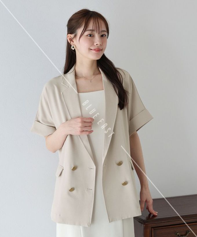 日本 BLUE EAST - 亞麻感氣質金釦短袖西裝外套-卡其杏