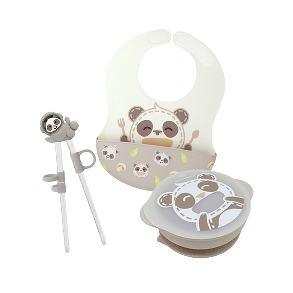 MARCUS＆MARCUS - 兒童進階學習餐具3件組-貓熊款(圍兜+學習筷+吸盤碗含蓋)