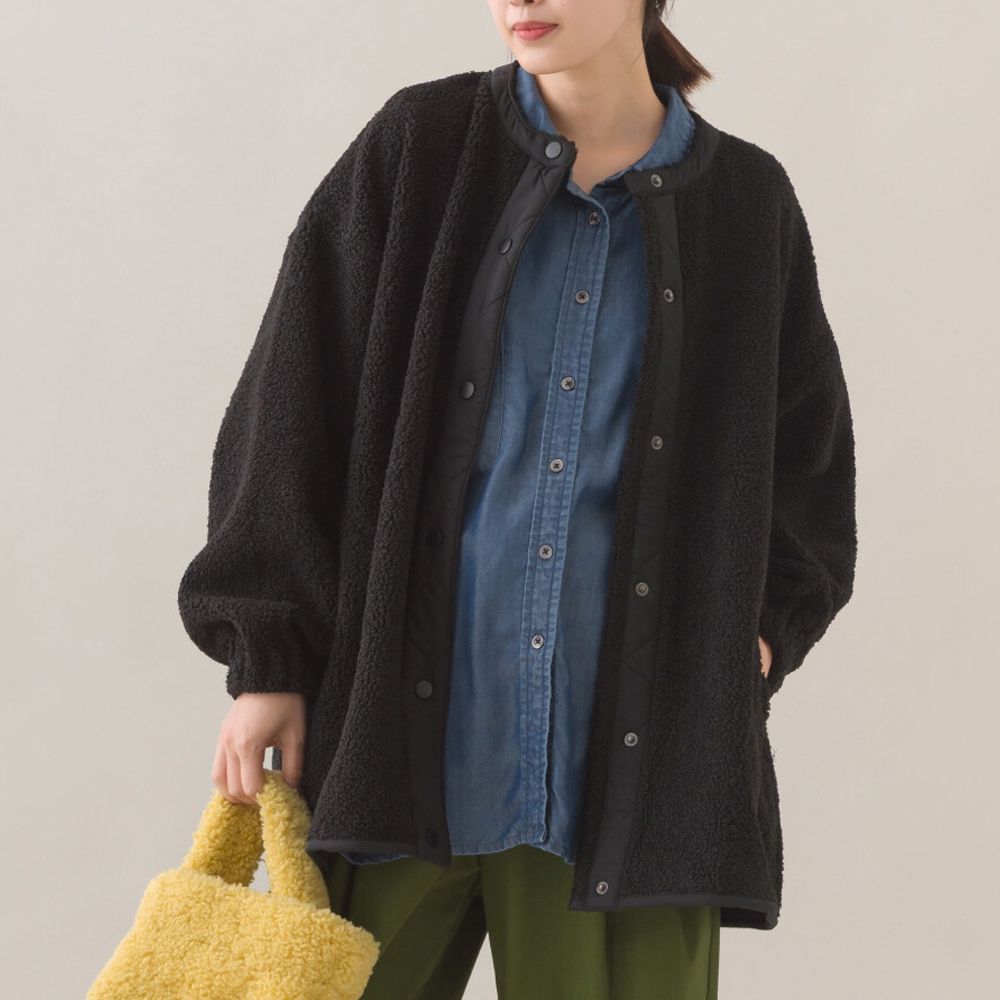 溫柔短毛絨鈕扣無領保暖外套-黑