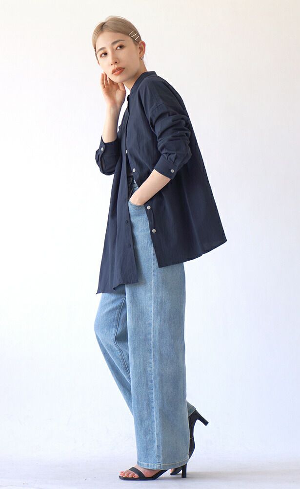 日本 zootie - 歪斜設計排扣長袖襯衫-深藍