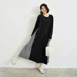 Yukié - 氣質顯瘦A字長袖長洋裝-側拼接格子-黑色