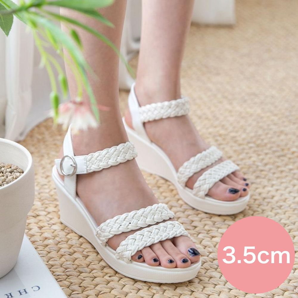 防水編織帶輕量楔型涼鞋(3.5cm)-白
