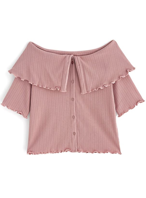 日本 GRL - 木耳捲邊翻領五分袖上衣-黑 (F)