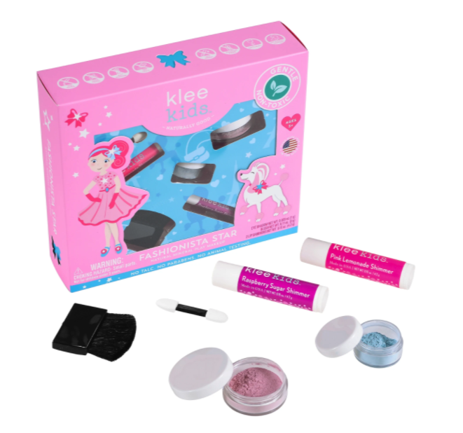 美國 Klee Kids - 時尚明星彩妝組-星辰藍礦物眼影(1g)+甜心粉礦物腮紅(3g)+粉檸檬亮光潤唇膏(4.2g)+寶貝紅亮光潤唇膏(4.2g)+雙頭眼影棒+腮紅刷(共6件)