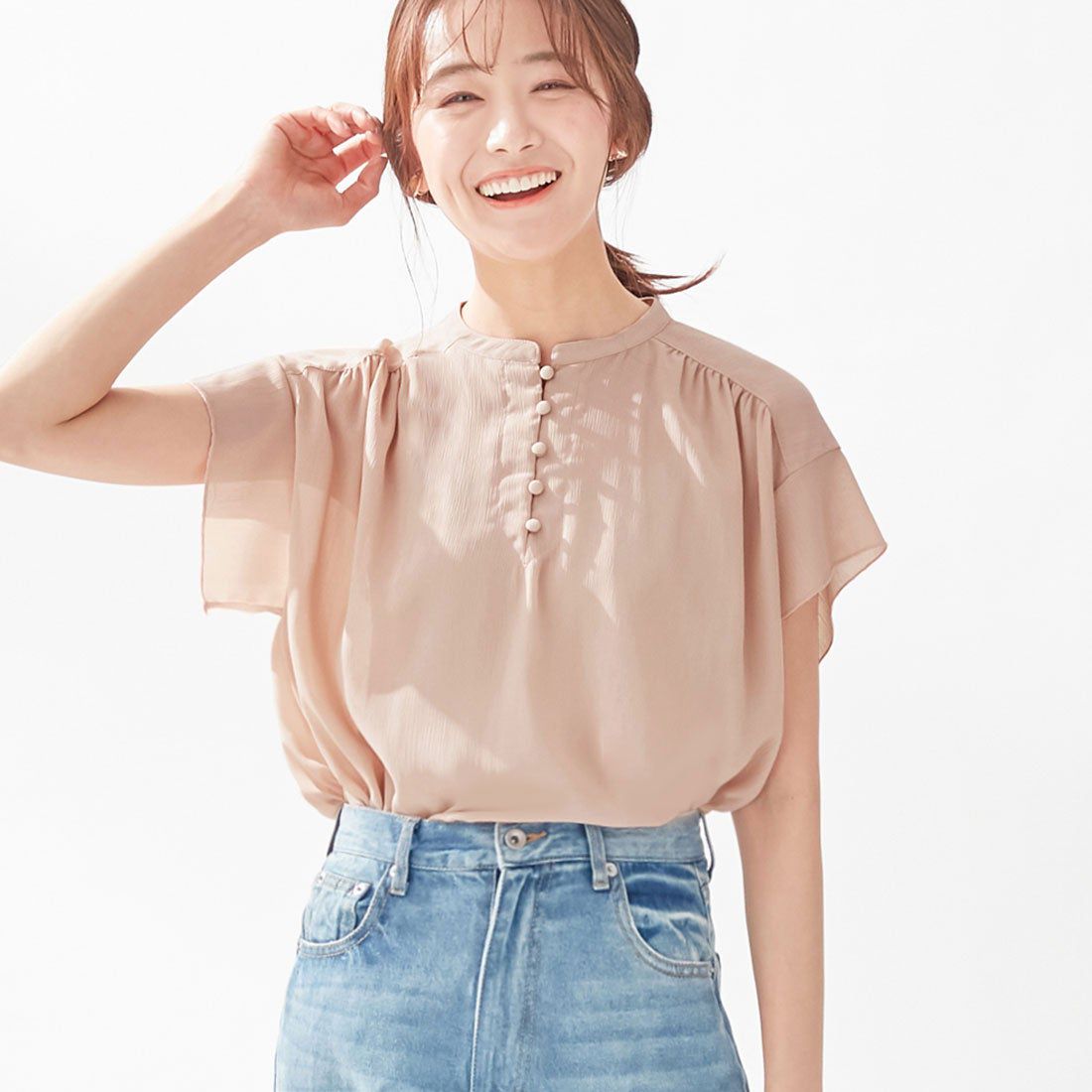 日本 BELLUNA - 微立領楊柳雪紡短袖上衣-冰河灰