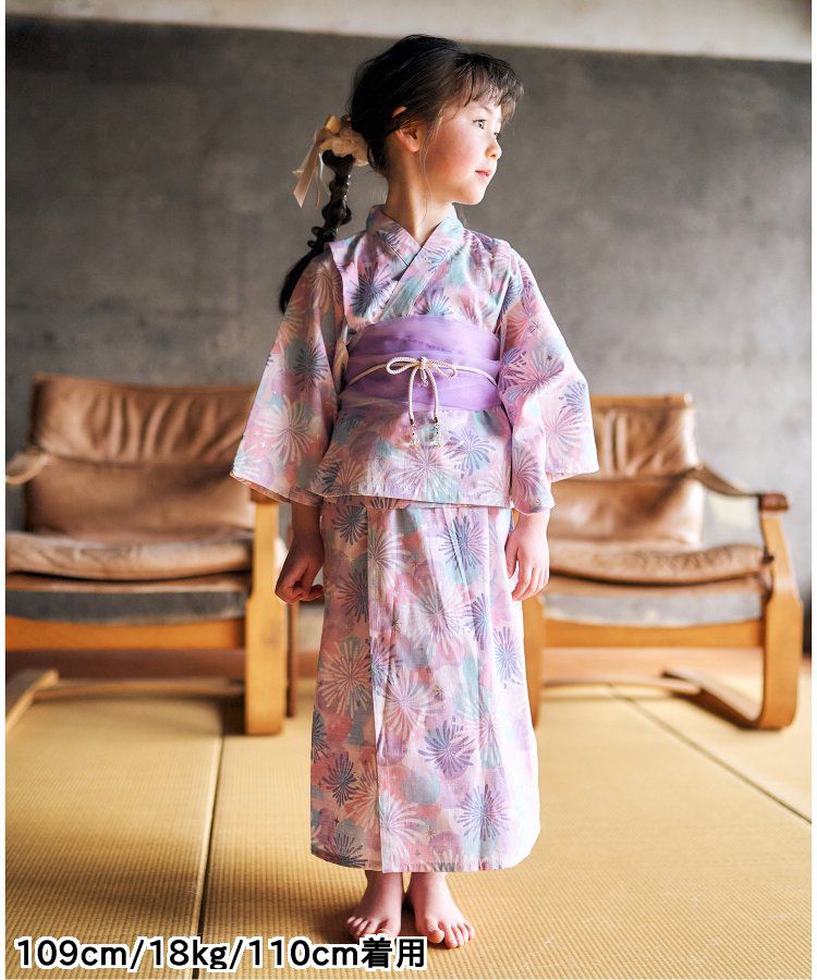 日本 apres les cours - 華麗腰帶風純棉二件式浴衣-椿花-紅藍條紋