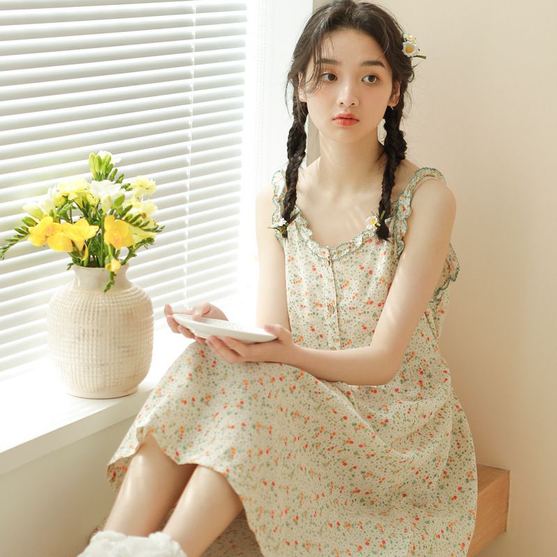 雙層棉紗布透氣細肩帶睡裙-滿版碎花-米黃色