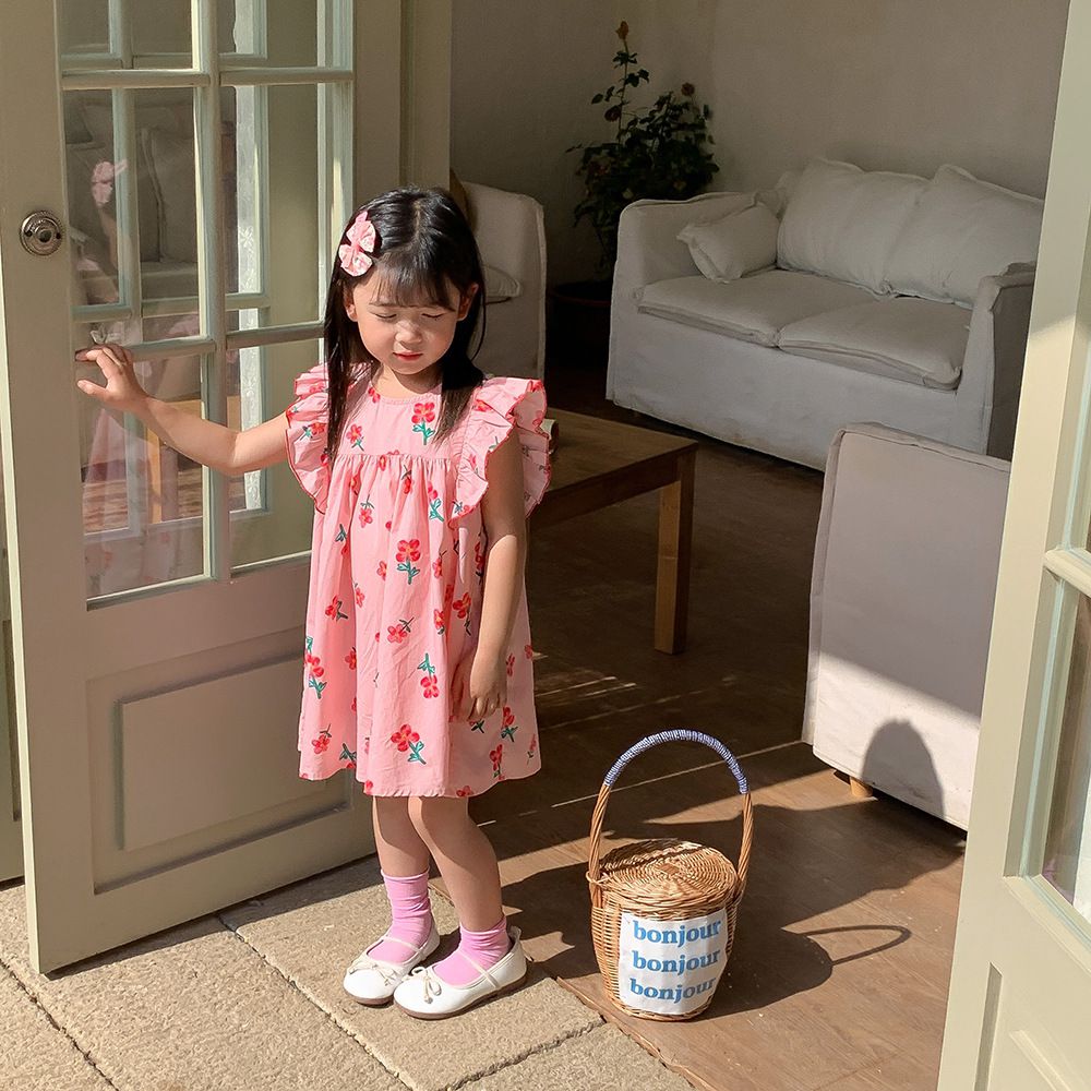 浪漫荷葉袖棉質連身洋裝-繽紛愛心-白色