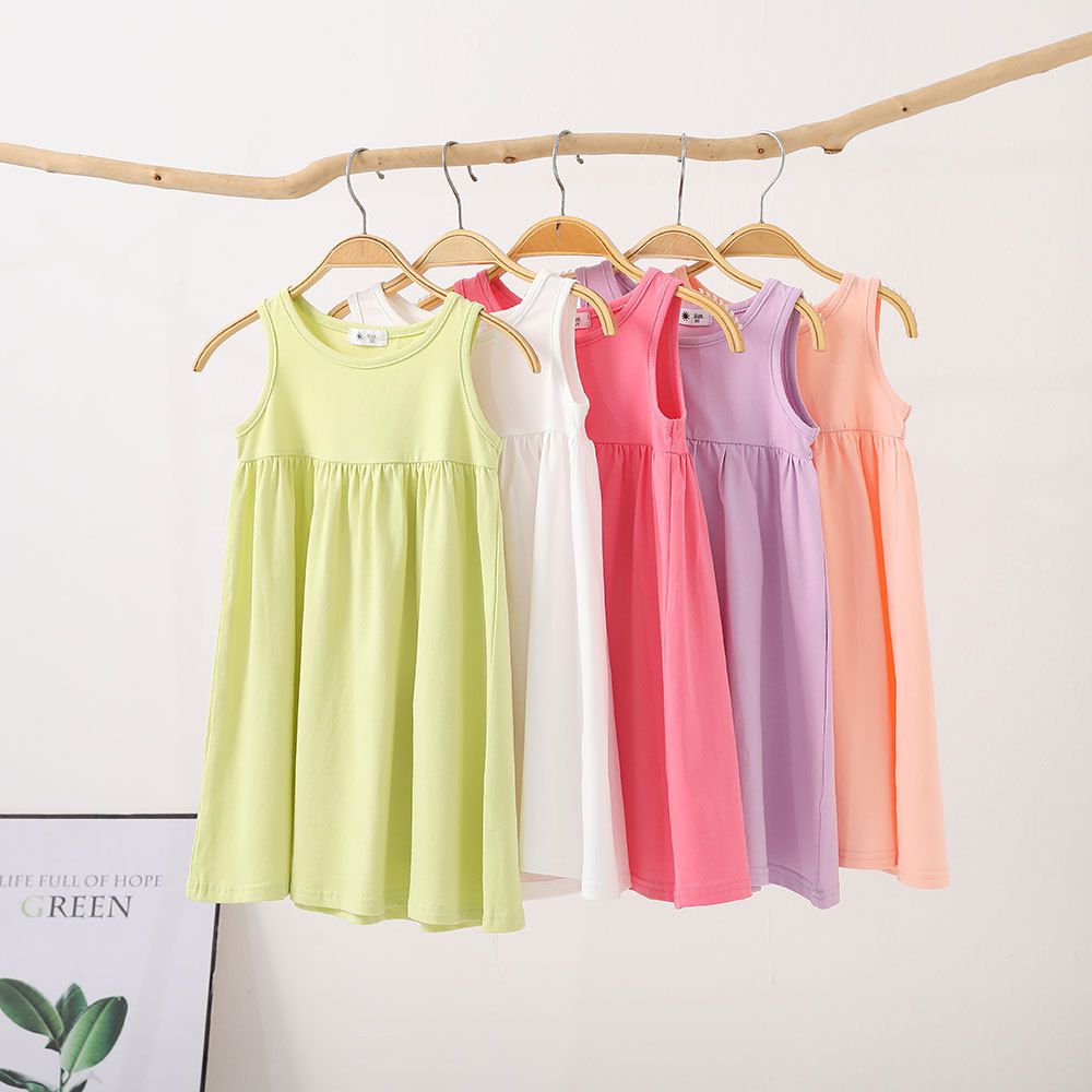 糖果色棉質無袖連身洋裝-白色