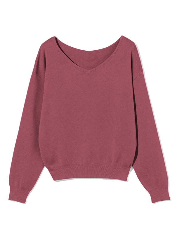 日本 GRL - 優雅V領長袖針織上衣-酒紅