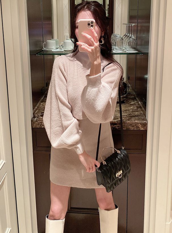 日本 GRL - 高領羅紋針織兩件式短版洋裝-知性黑