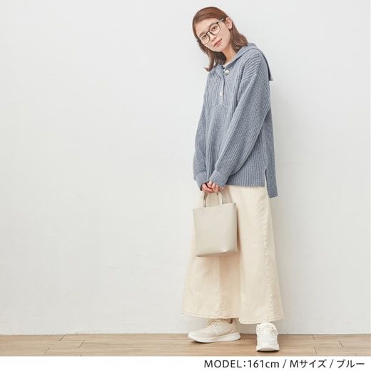 日本 BELLUNA - 休閒水手領寬鬆針織毛衣-條紋-淺米