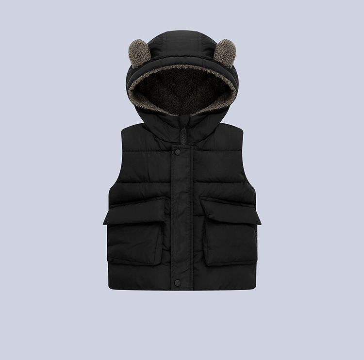 WELLKIDS - 加絨造型暖暖連帽背心-熊熊耳朵-灰綠色