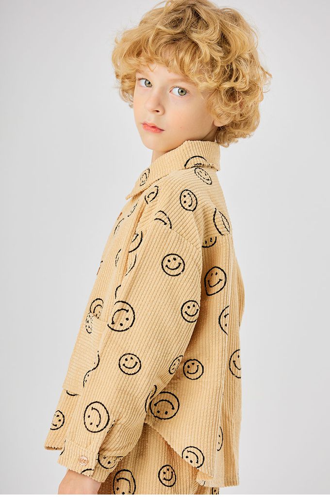 韓國 OZKIZ - 圓形笑臉印燈芯絨翻領長袖襯衫-卡其