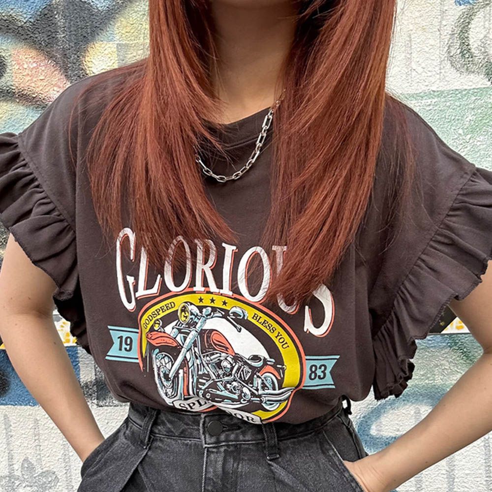 搖滾風重機印花荷葉寬袖上衣-炭灰 (F)