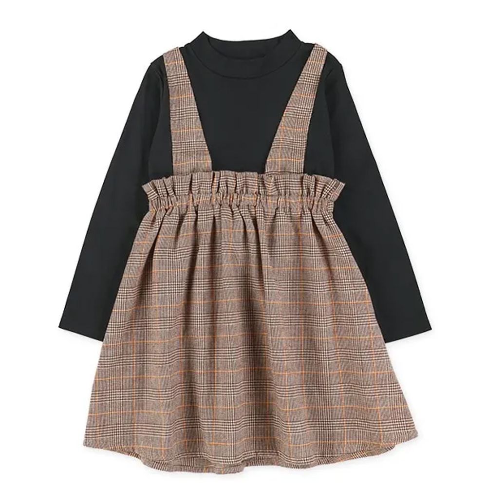 假兩件式格紋吊帶長袖洋裝-黑X棕