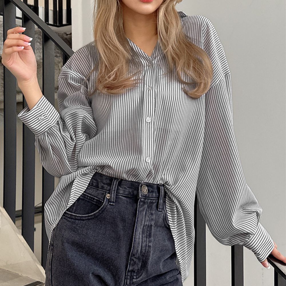 可愛後綁帶翻領透膚長袖襯衫-簡約黑 (F)