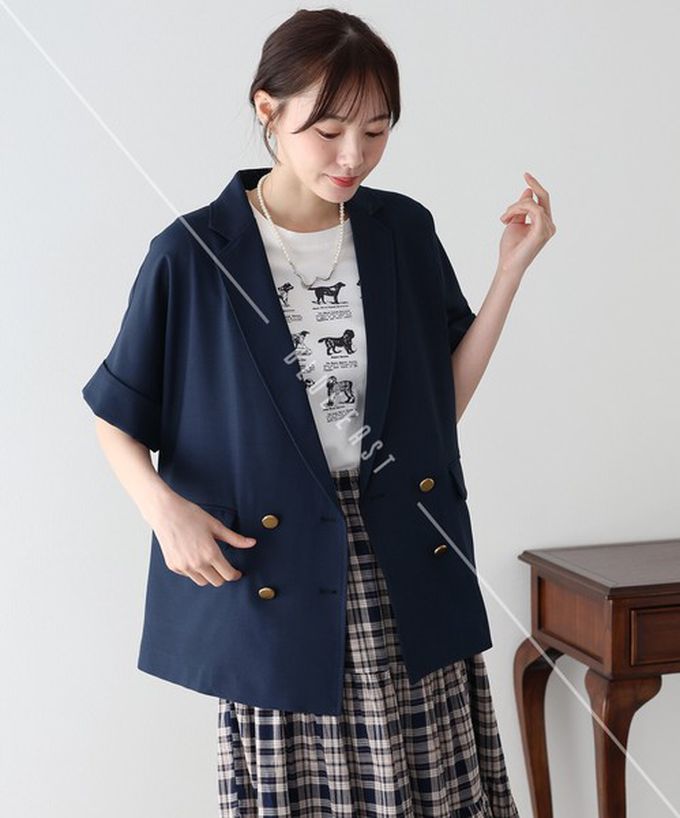 日本 BLUE EAST - 亞麻感氣質金釦短袖西裝外套-海軍藍