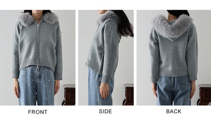 日本 BLUE EAST - 澎澎可愛毛絨帽雙拉鍊針織外套-黑