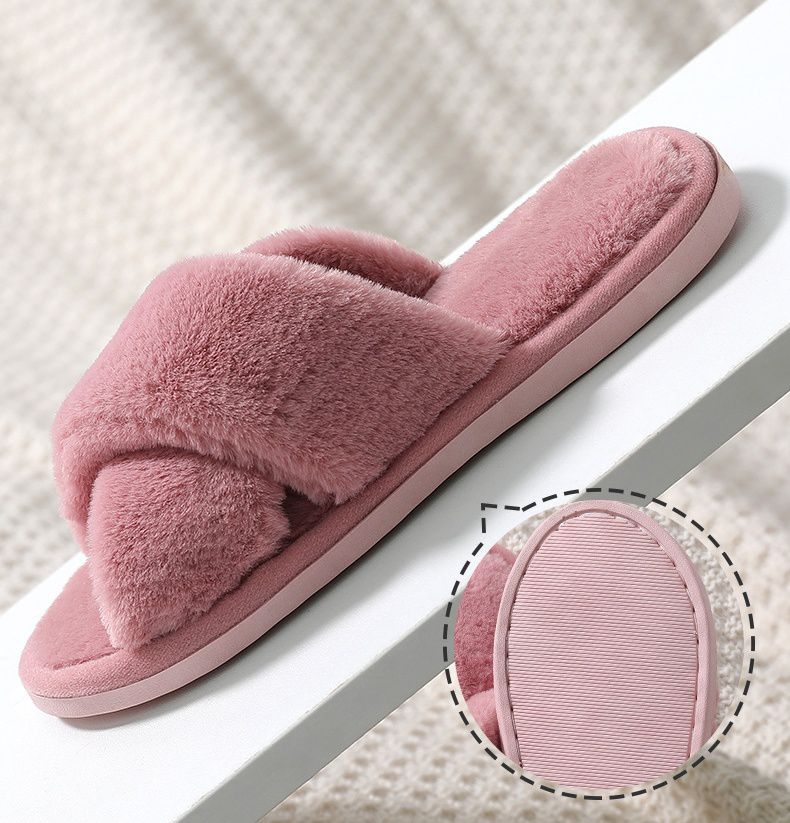 毛毛保暖室內拖鞋-交叉綁帶款-粉色