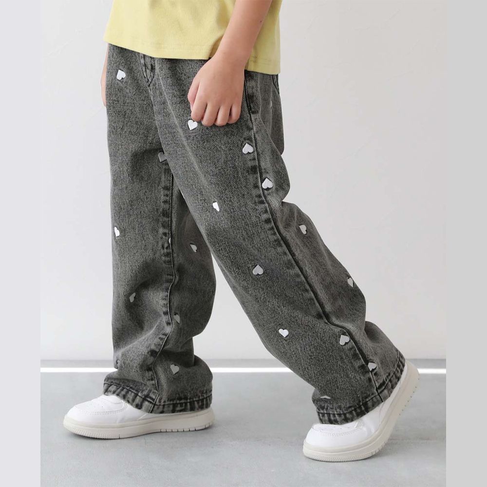 甜美亮麗刺繡刷色丹寧寬褲-愛心-黑