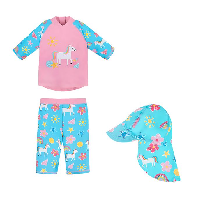 英國 JoJo Maman BeBe - 兩件式泳裝+防曬護頸遮陽帽-童話世界_JJH3974+童話世界_JJH3975