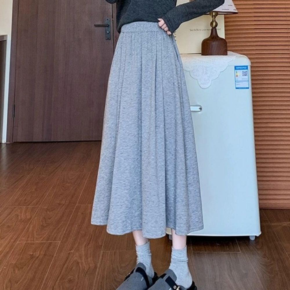 舒適鬆緊腰顯瘦抗皺A字中長裙-淺灰