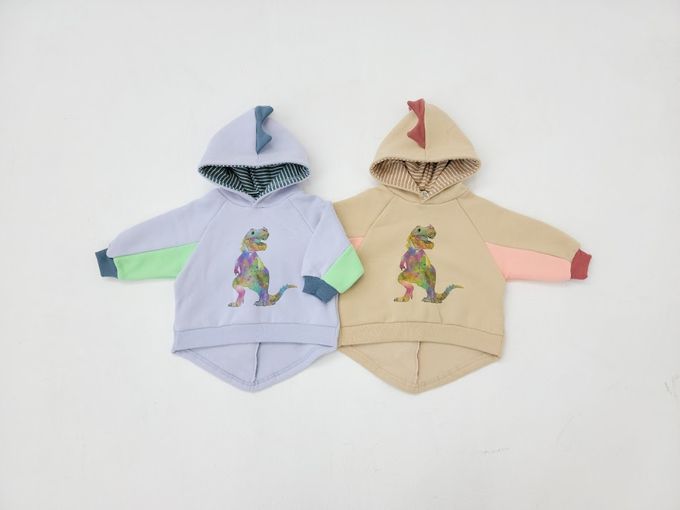 韓國 Mimico - 恐龍角造型連帽內刷毛長袖上衣-淺卡其