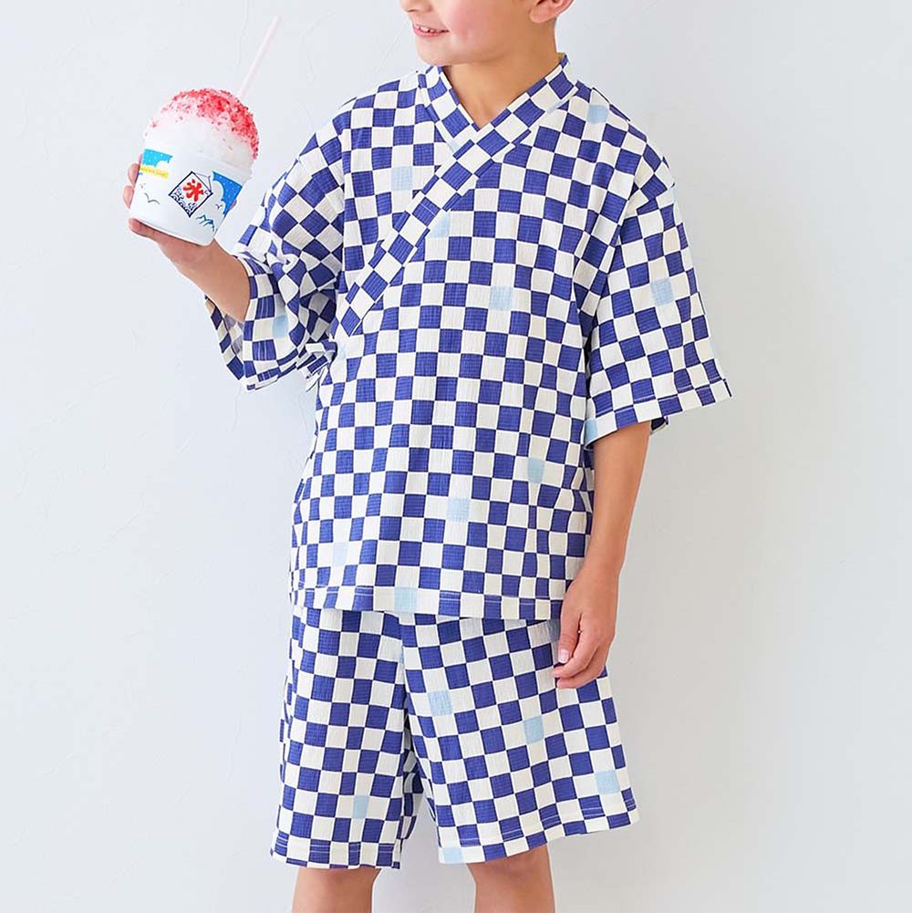 夏日風情涼爽紋理甚平套裝-棋盤格-海軍藍白