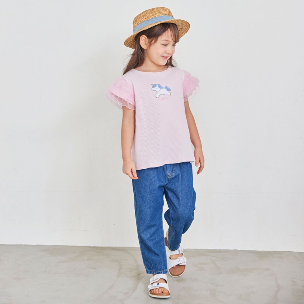 日本 evercloset - 柔軟羅紋獨角獸印花蕾絲袖上衣-粉紅