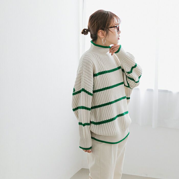 日本 ihuu - 率性線條高領厚針織長袖上衣-黑x白條紋