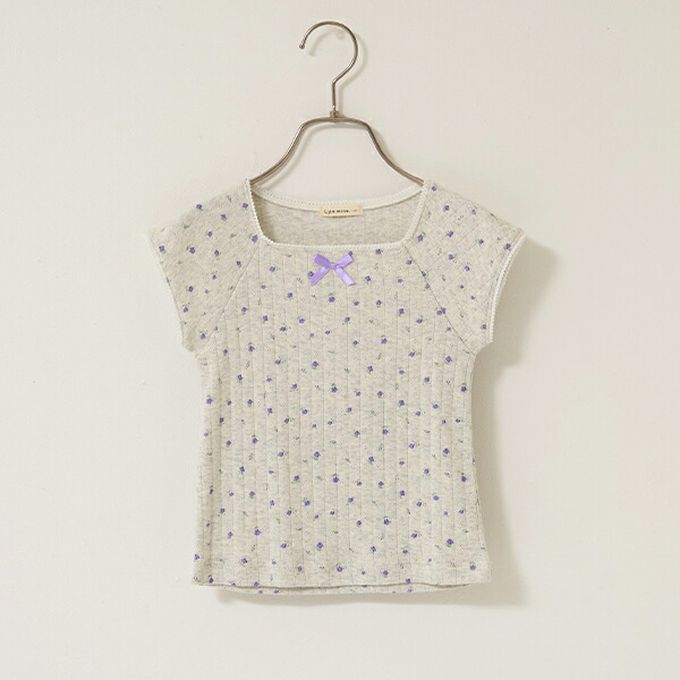 日本 Lycee mine - 100%棉 印花蕾絲滾邊短袖上衣-燕麥灰