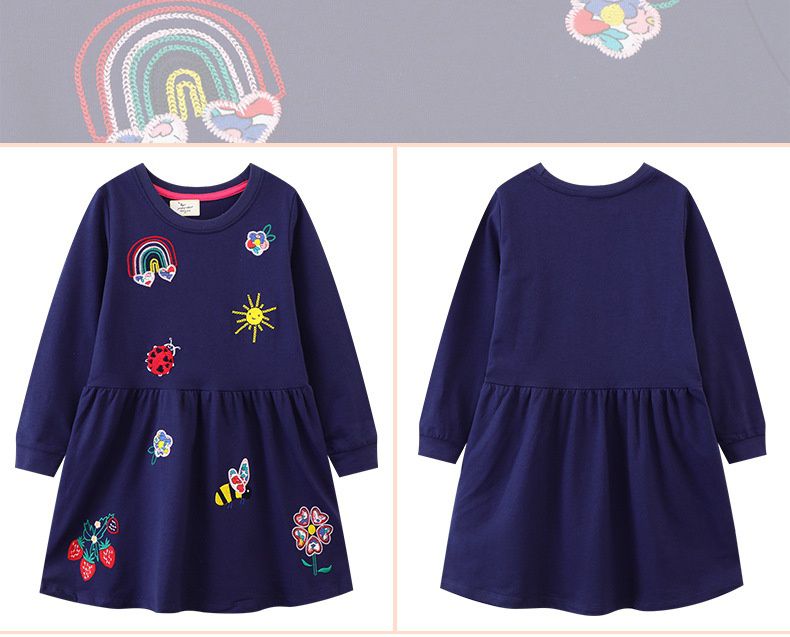 Jumping meters - 棉質圓領長袖連身洋裝-花花與蜜蜂-深藍色