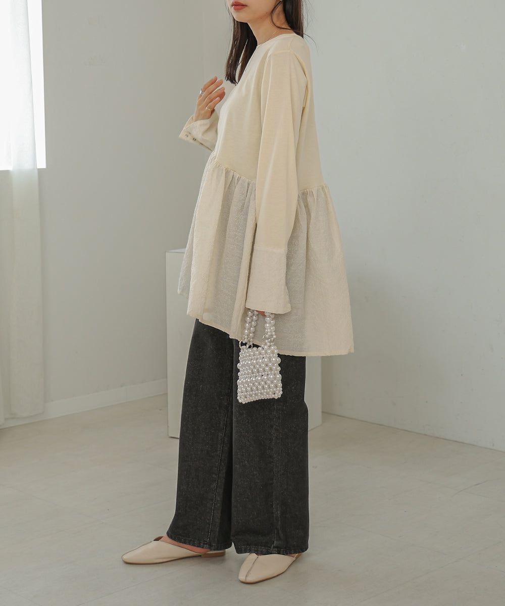 日本 Bab - 優美緹花拼接長袖上衣-水藍