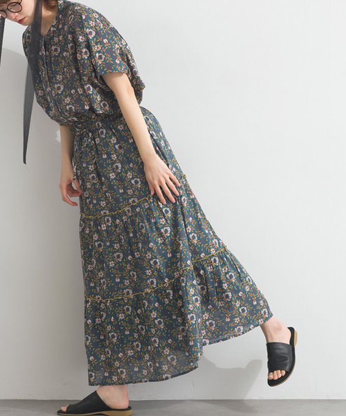 日本 Lupilien - 100%印度棉 華奢滿版印花分層長裙-綠系