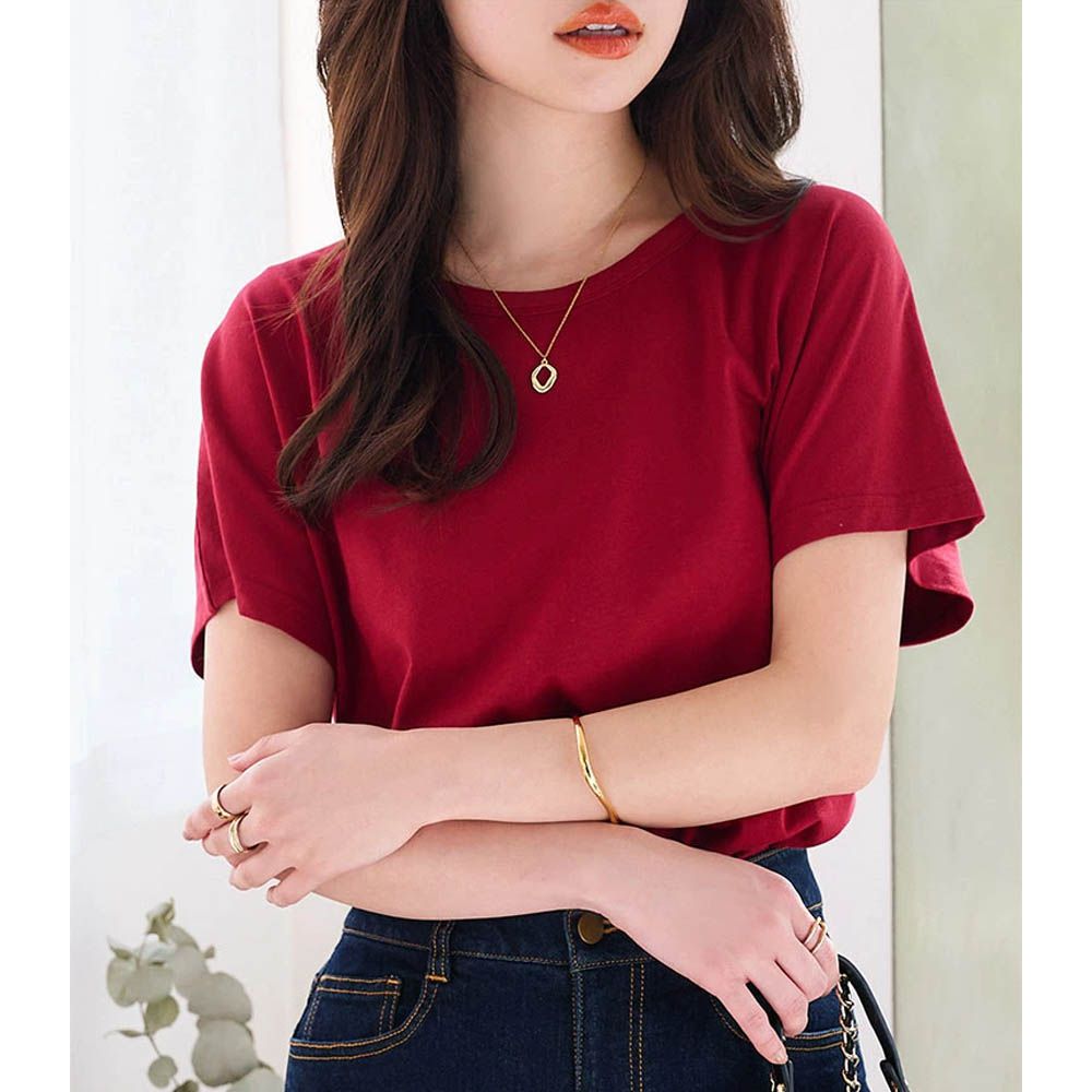 經典定番 純棉圓領短袖上衣-紅