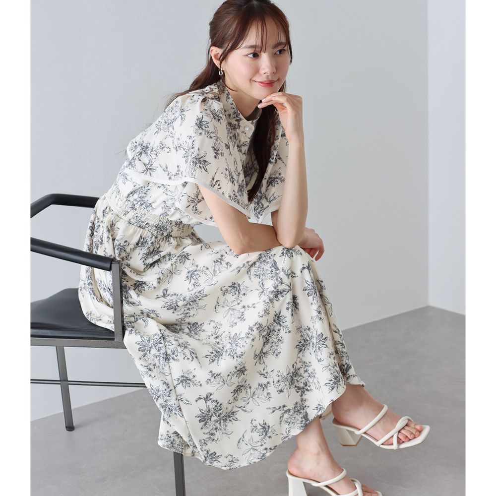 日本 BLUE EAST - 浪漫時光碎花雪紡短袖洋裝-水彩花紋-白